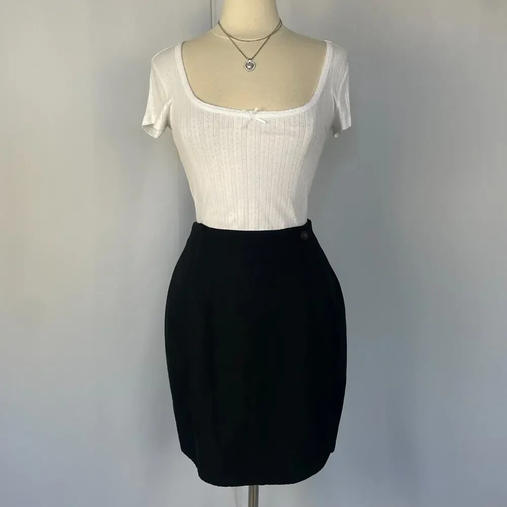 Vintage Pencil Skirt Size 6 Black Solid Faux Wrap Linen Minimal Academia Preppy